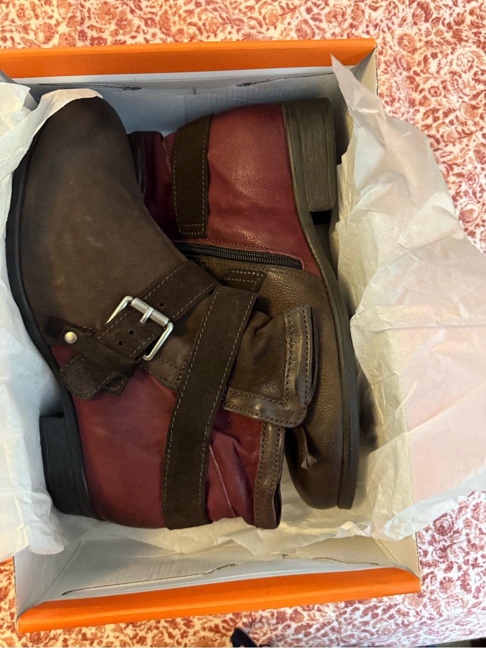 Miz Mooz Two-Tone Brown and Burgundy Leather Ankle Boots